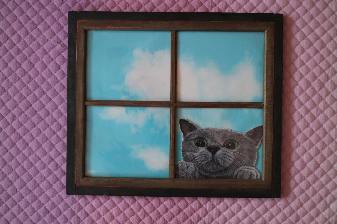 窓から覗く子猫　アクリル絵具　水彩画　イラスト　木製品