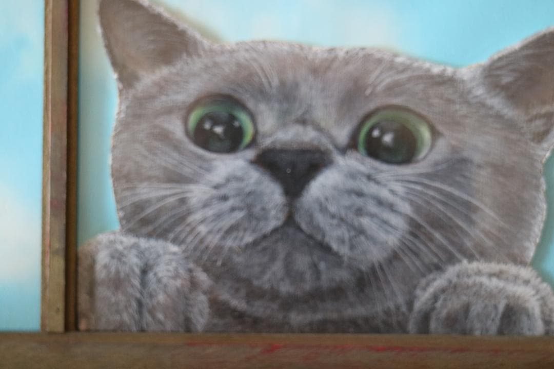 窓から覗く子猫　アクリル絵具　水彩画　イラスト　木製品