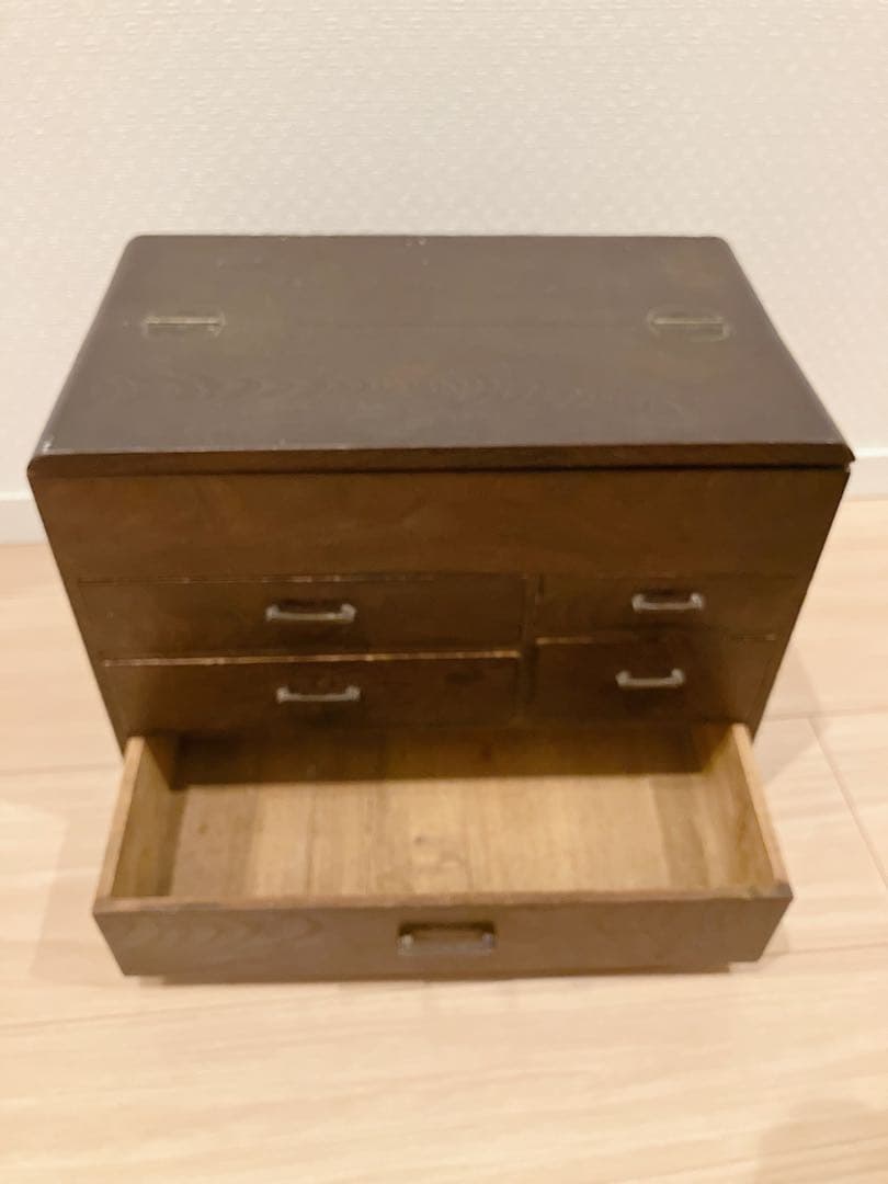【昭和レトロ】天然木 針箱 裁縫箱 アンティーク 古道具 小物入れ 5杯