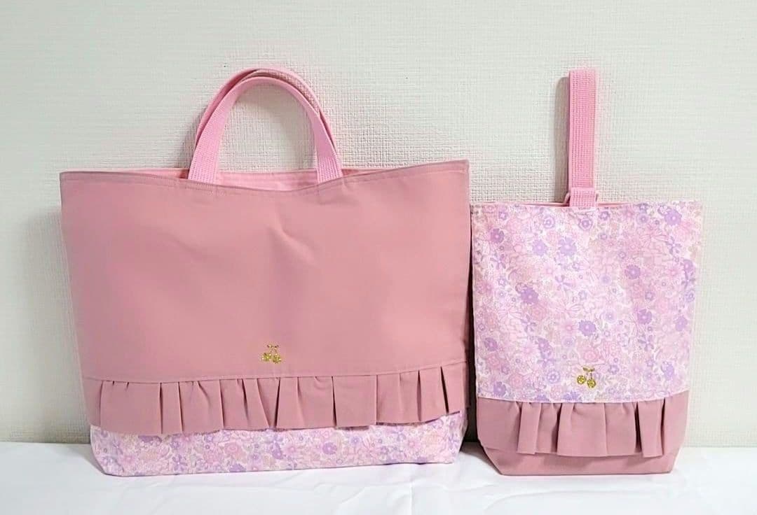 80.入園入学セット　女の子　ピンク　花柄　5点ピンクのフリル付きバッグセット