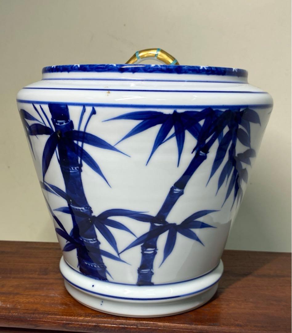 【茶道具】平安紫翠造　染付末広竹水指（共箱）