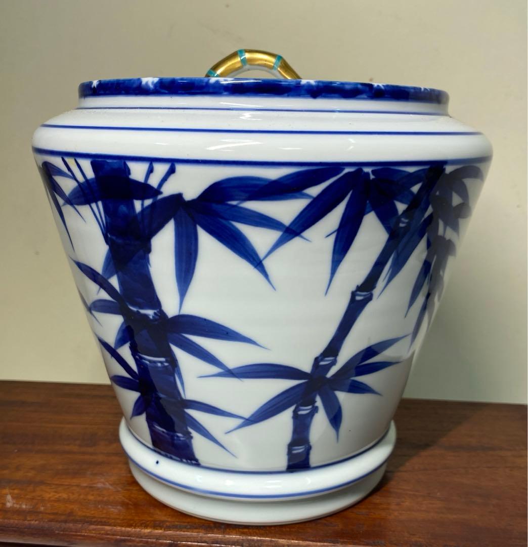 【茶道具】平安紫翠造　染付末広竹水指（共箱）