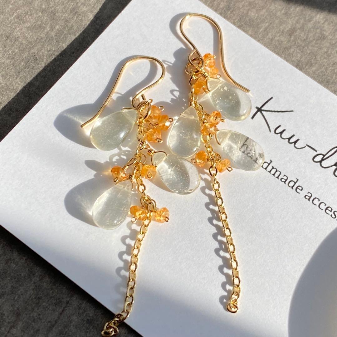 ♦︎希少石♦︎リビアングラス&オレンジガーネット✴︎14kgfピアスP230