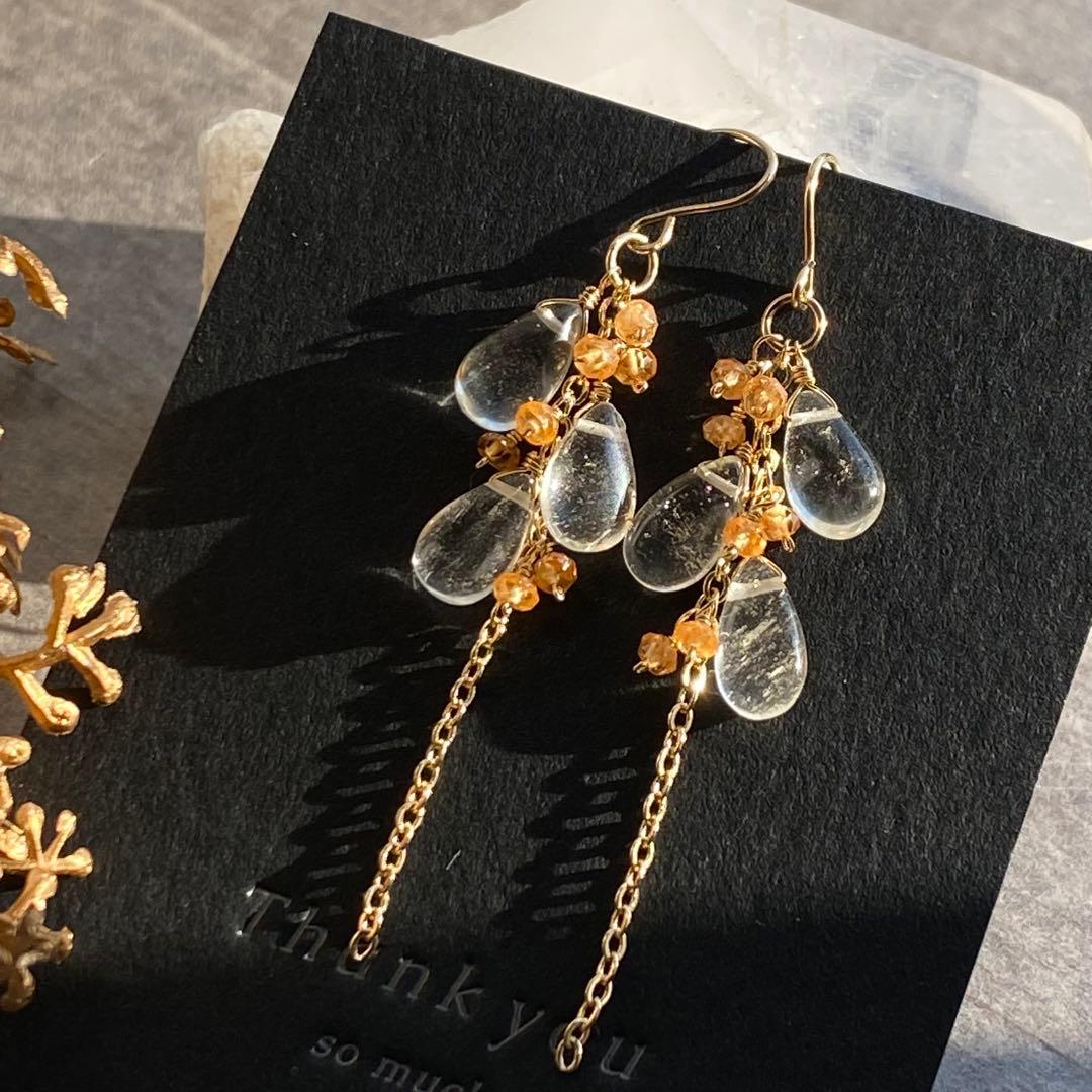 ♦︎希少石♦︎リビアングラス&オレンジガーネット✴︎14kgfピアスP230