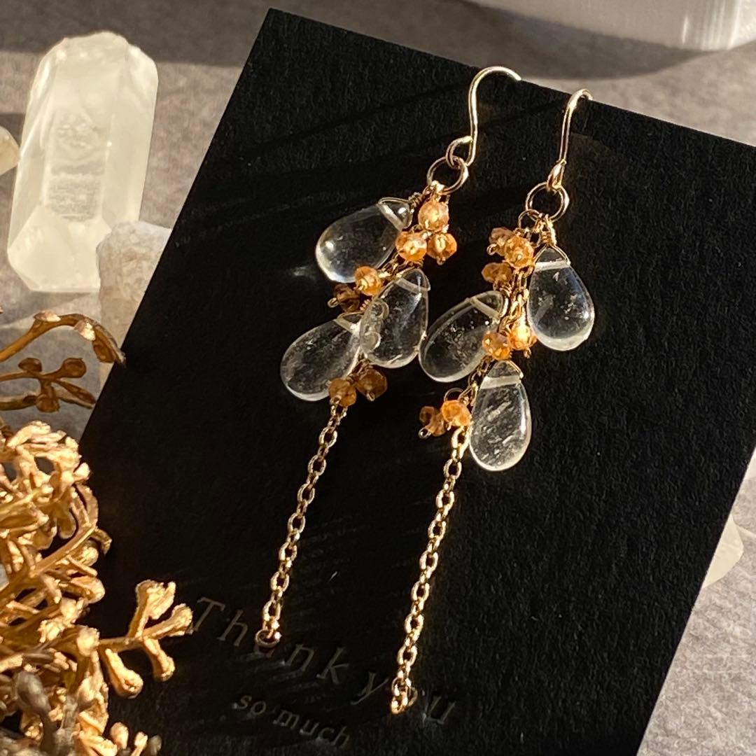 ♦︎希少石♦︎リビアングラス&オレンジガーネット✴︎14kgfピアスP230