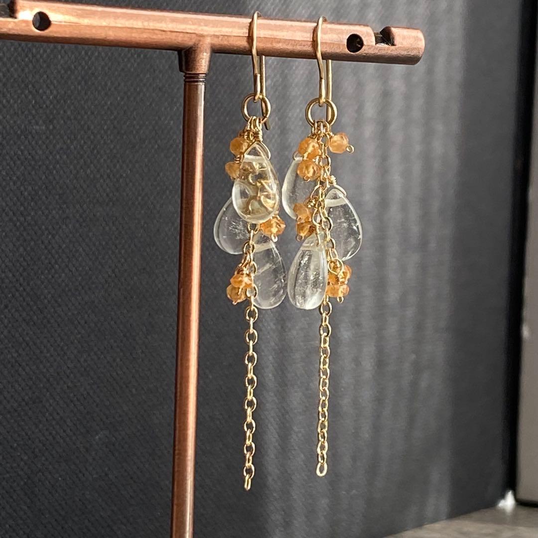 ♦︎希少石♦︎リビアングラス&オレンジガーネット✴︎14kgfピアスP230