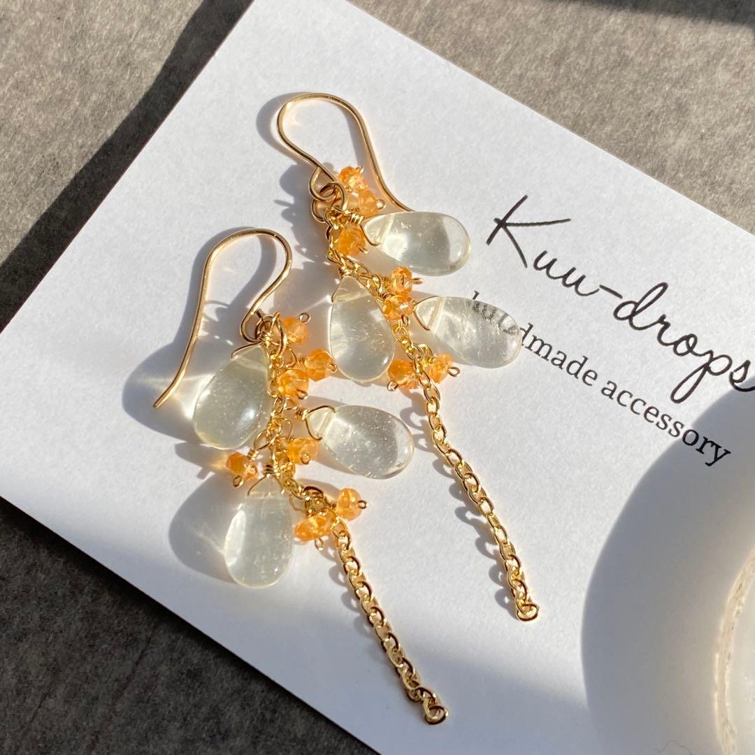 ♦︎希少石♦︎リビアングラス&オレンジガーネット✴︎14kgfピアスP230