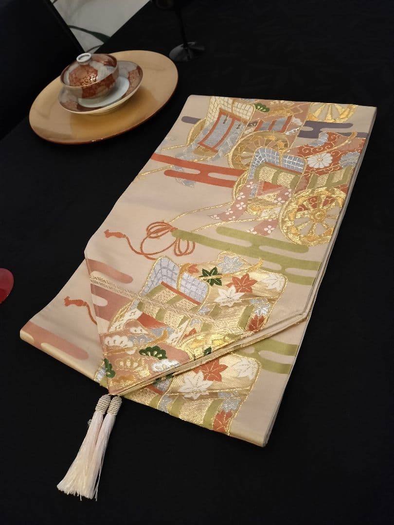 A924★逸品‼️ ひな祭り‼️御所車‼️正絹テーブルランナー2m12cm