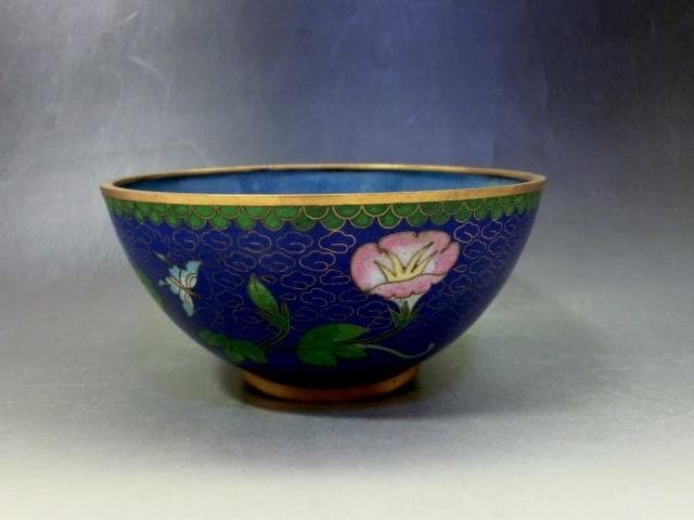 茶碗■銅胎有線七宝 藍地 七宝 朝顔 蝶紋 青 碗 ぐい呑み 古玩唐物 骨董品■