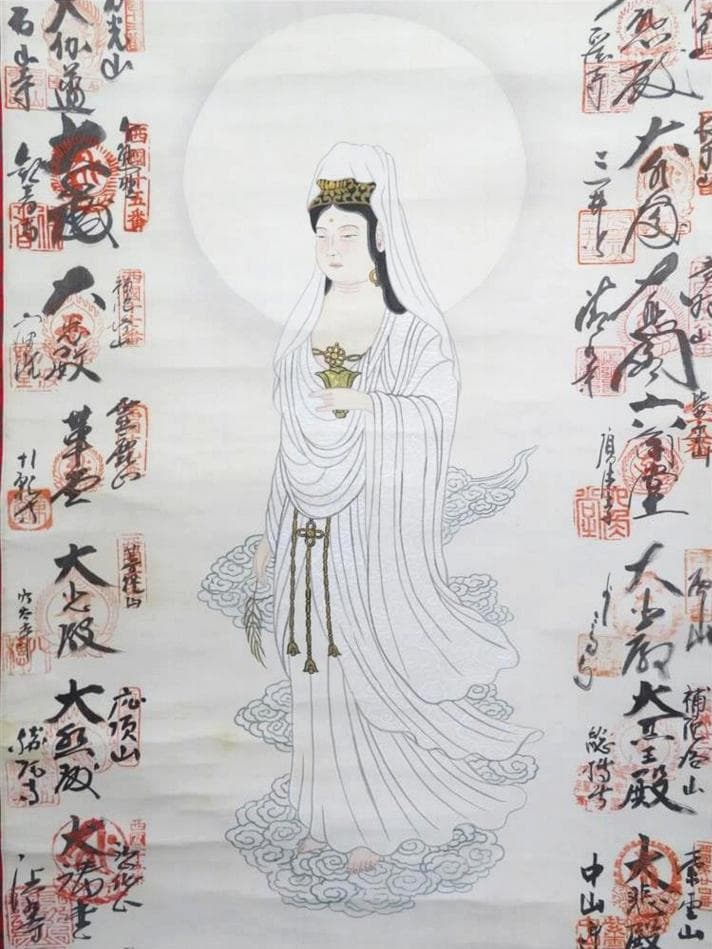 掛軸『西国三十三ヶ所霊場御朱印 札所巡礼』仏画 絹本 無地箱付 掛け軸 982