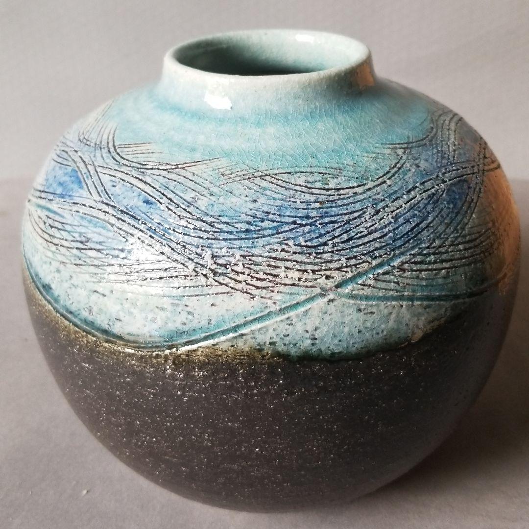 木箱入り 信楽焼 花瓶 花入れ 淡海クシ目 直径２１cm