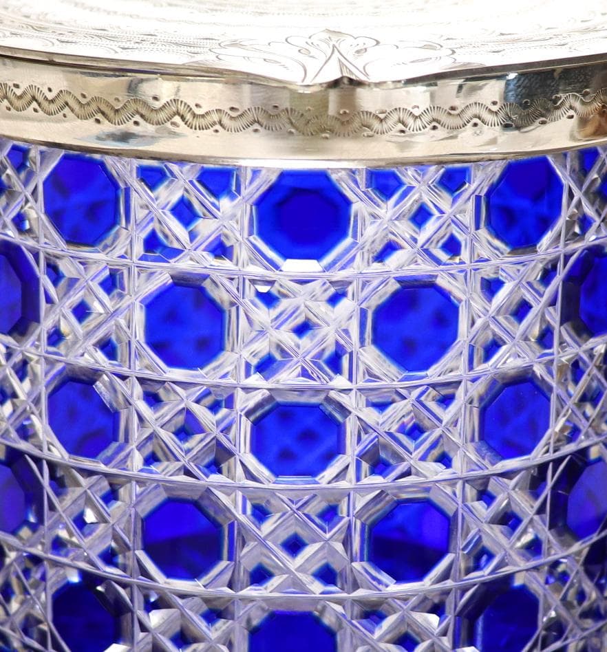 オールド・バカラ 名品 ディアマン・ピエーリー 青色被せ 銀装飾 特大 ポット