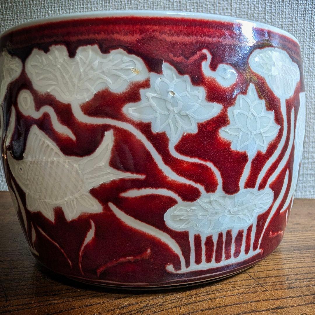 【骨董】大明宣徳年製 銘 コオロギ壺 魚藻文 赤絵 陶磁器（訳あり・鑑賞用）