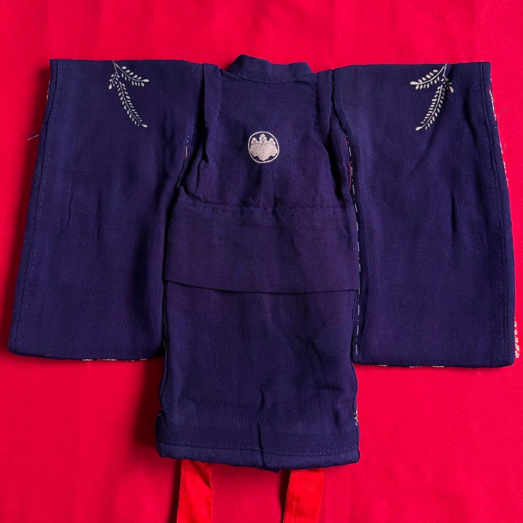 市松人形 12号(42cm)サイズの着物　比翼仕立て　濃紫　野菊刺繍　家紋　い