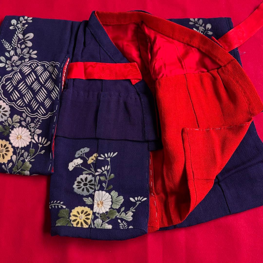 市松人形 12号(42cm)サイズの着物　比翼仕立て　濃紫　野菊刺繍　家紋　い