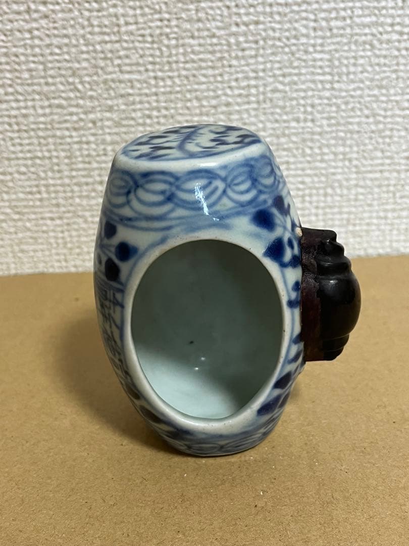 中国古美術 宣徳年制銘染付草花文小鳥飼い餌入、水入時代物