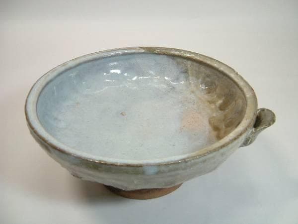 菓子鉢■萩焼き 片口菓子器「守繁栄徹作」高足 深皿 料理皿櫛目 共箱 お茶道具■