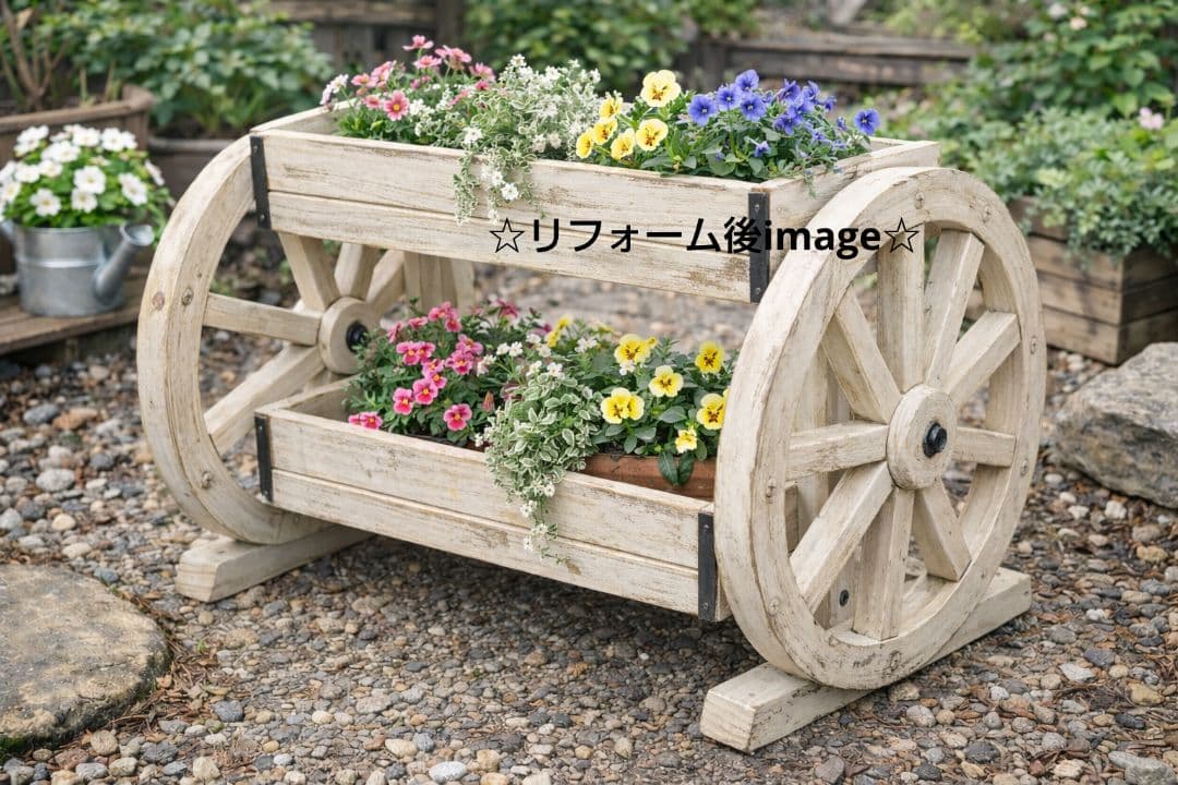 ◇味ある 古い木製車輪２段花台プランター◇