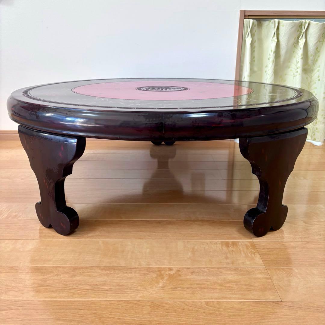 中国 円卓 ローテーブル 花鳥図 直径93cm 座卓 アジアン家具 和室