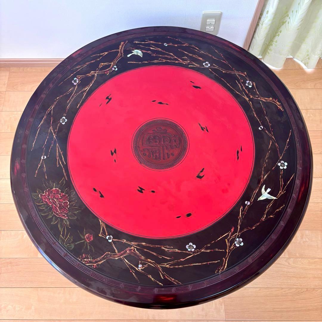 中国 円卓 ローテーブル 花鳥図 直径93cm 座卓 アジアン家具 和室