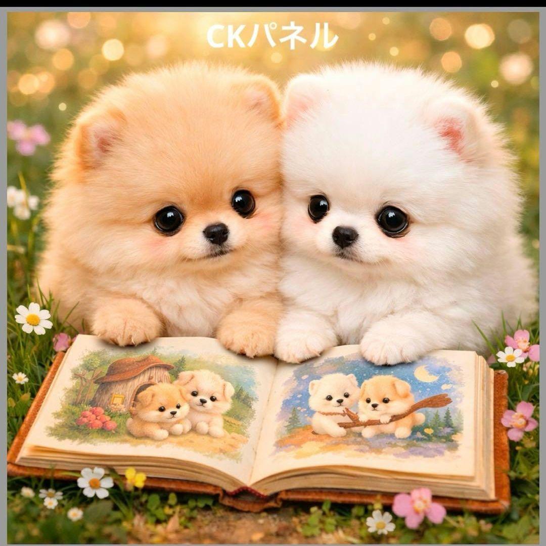 激レア絵本を読むポメラニアンパネル生地　ハンドメイド