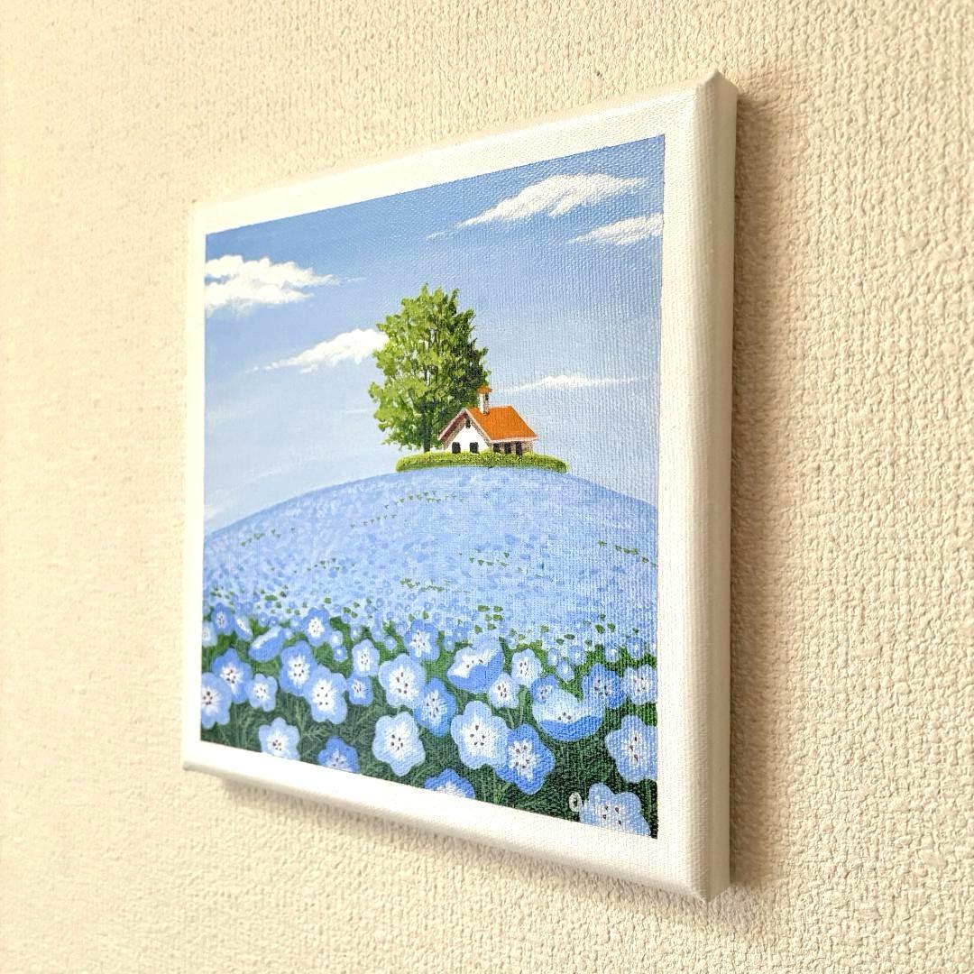 アクリル画　原画　「ネモフィラの咲く丘02」　SSMサイズ　風景画　キャンバス
