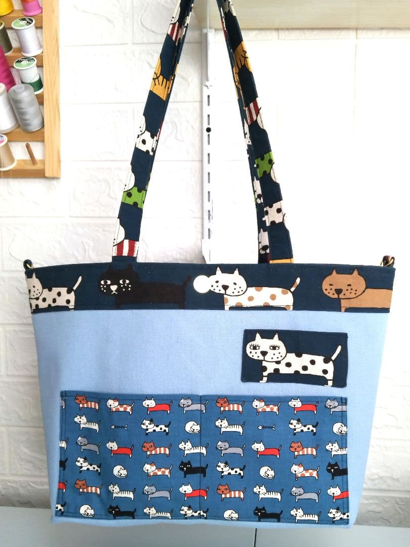 A4対応 マチ広横トートバッグセット コットンこばやしビッグ猫柄ご要望生地使用