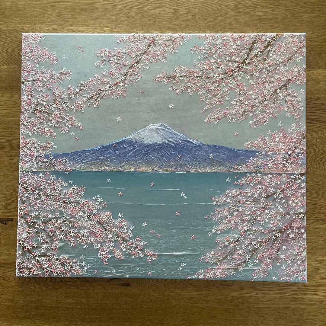 桜と富士山 原画 F10 テクスチャーアート 風景画 インテリアアート 桜 春