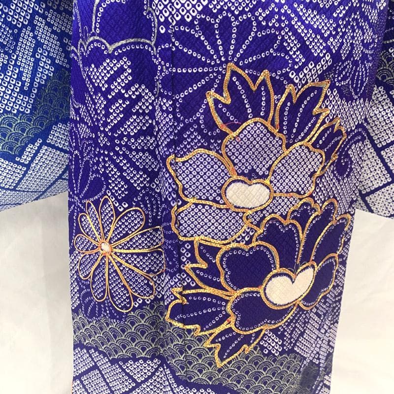 603ag5■七五三 七歳 女児 着物&丸帯&長襦袢 総絞り風 金駒刺繍 青■