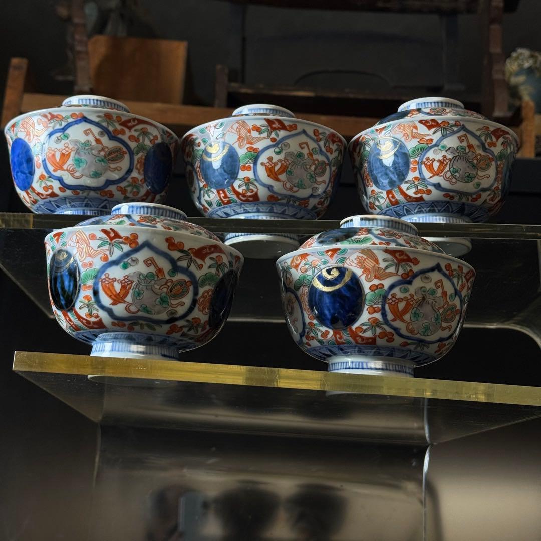 渦福 古伊万里 金襴手 蓋茶碗の５客セット