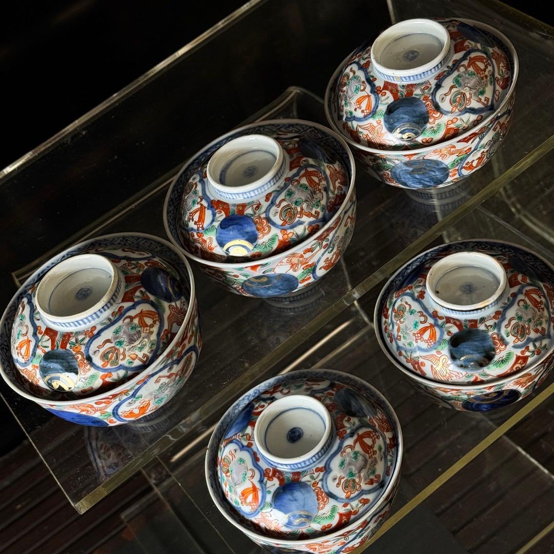 渦福 古伊万里 金襴手 蓋茶碗の５客セット