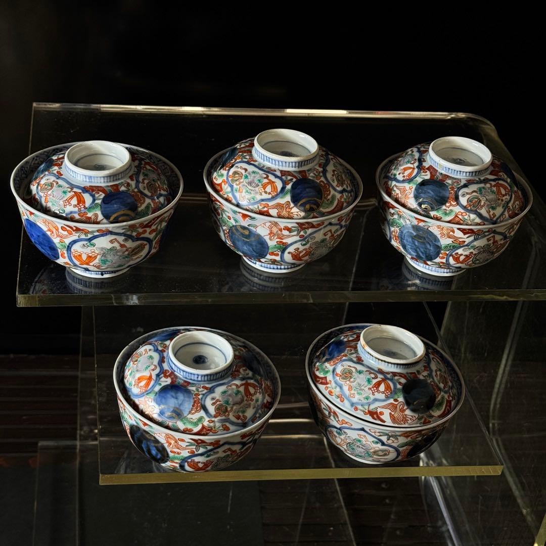渦福 古伊万里 金襴手 蓋茶碗の５客セット