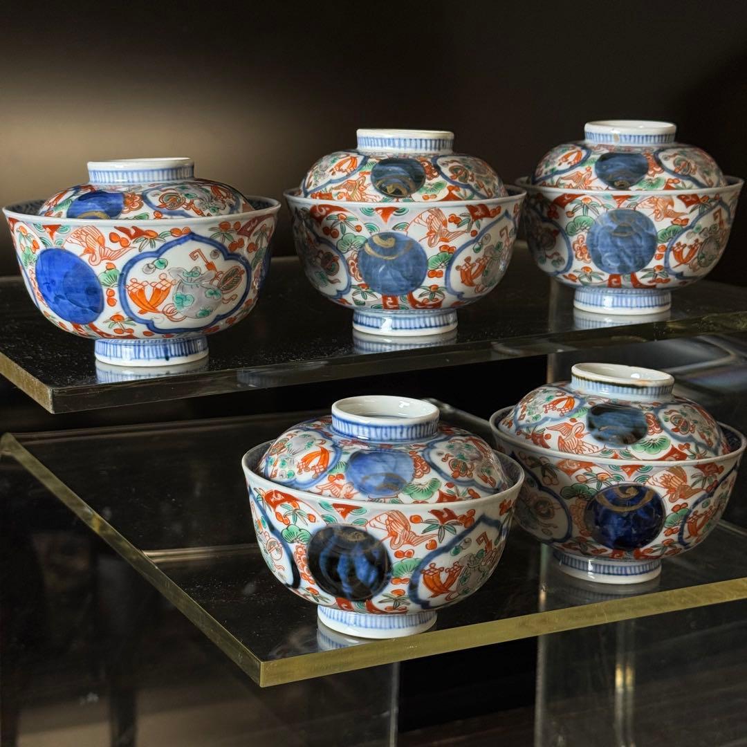 渦福 古伊万里 金襴手 蓋茶碗の５客セット