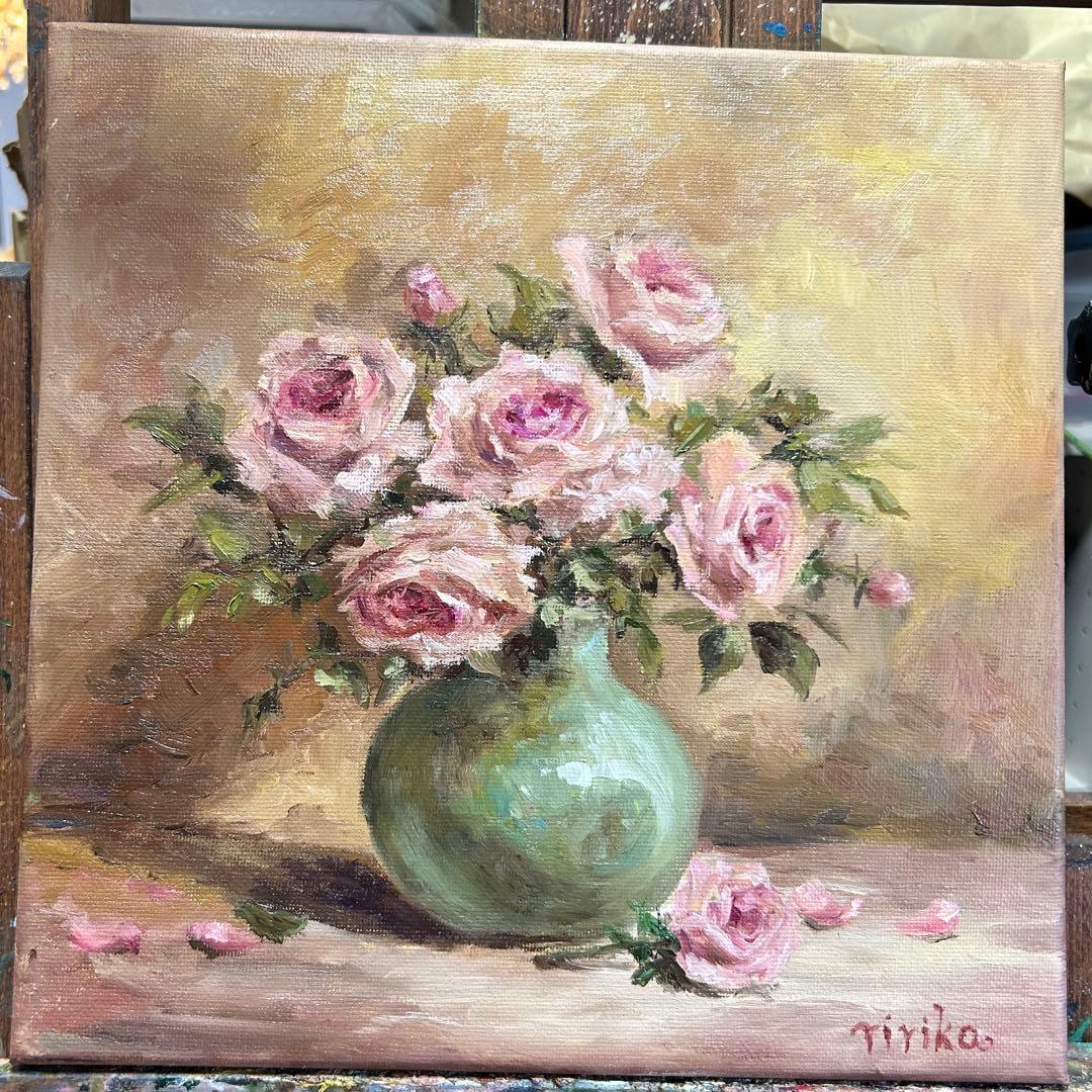 油彩画 ピンクのバラ 緑の花瓶　額縁付き