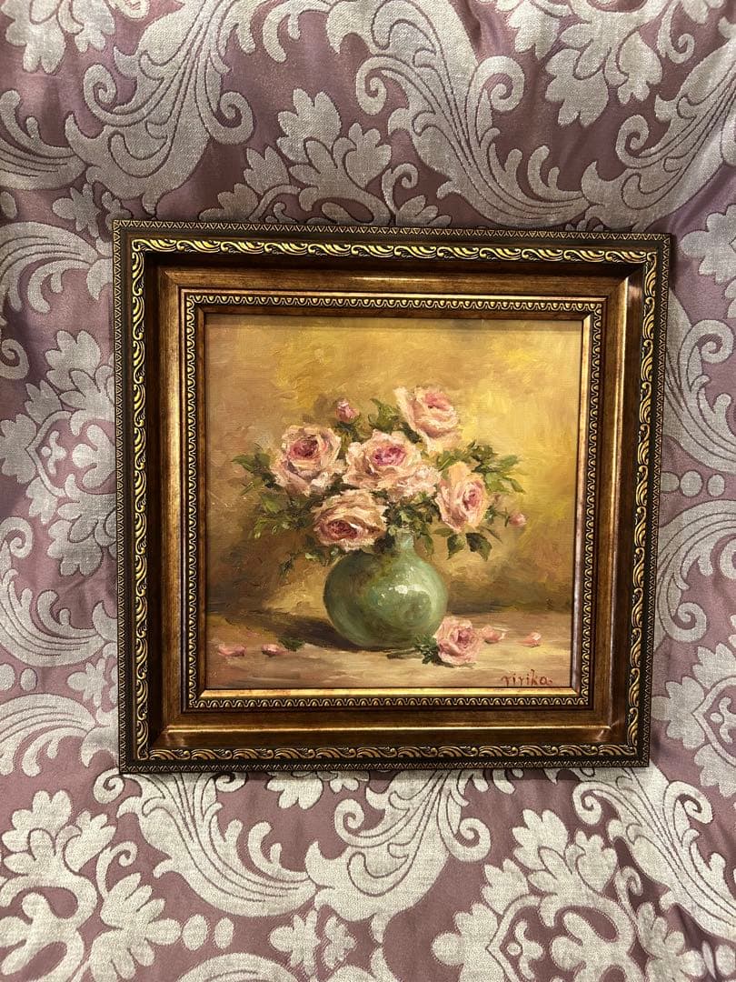 油彩画 ピンクのバラ 緑の花瓶　額縁付き