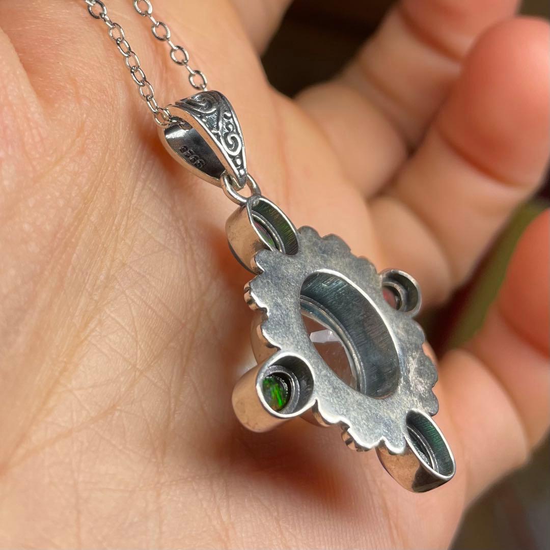 天然石ネックレス　ブルートパーズ　ブラックオパール　遊色綺麗　SV925刻印