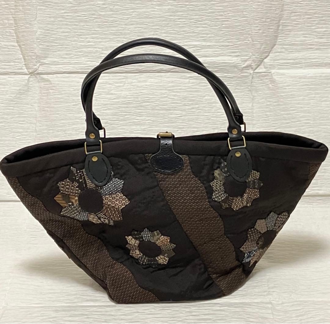 ハンドメイド　パッチワーク　古布　紬　茶系バッグ