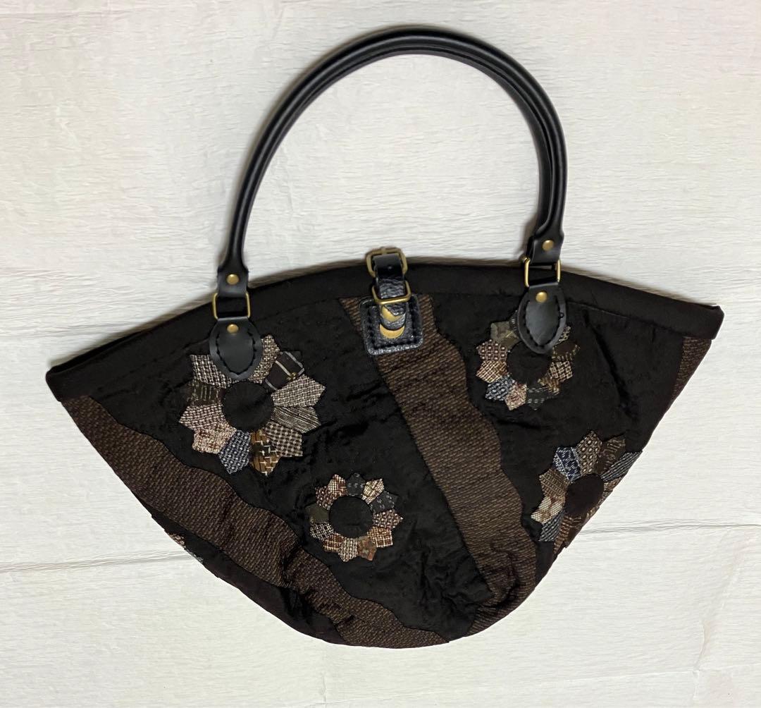 ハンドメイド　パッチワーク　古布　紬　茶系バッグ
