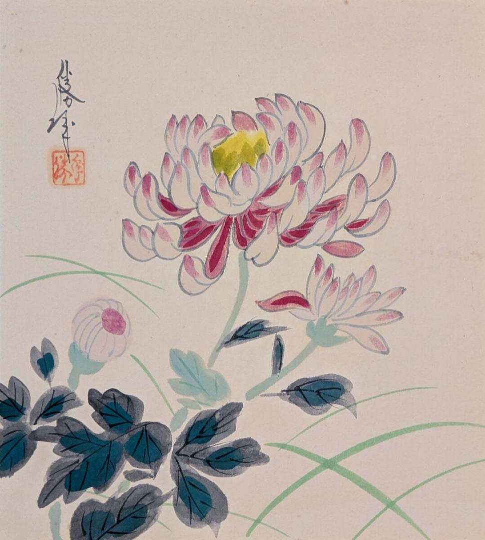 【真作】絵画　日本画（色紙）　秋の菊花図　上品な日本画色紙　額装アート　Z156