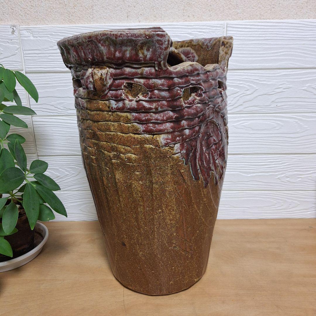【一点物】手捻り 陶器 傘立て 43cm 辰砂 釉変 大型 玄関 什器 和モダン