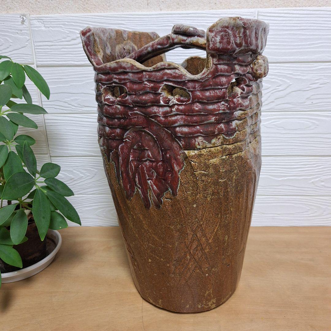 【一点物】手捻り 陶器 傘立て 43cm 辰砂 釉変 大型 玄関 什器 和モダン