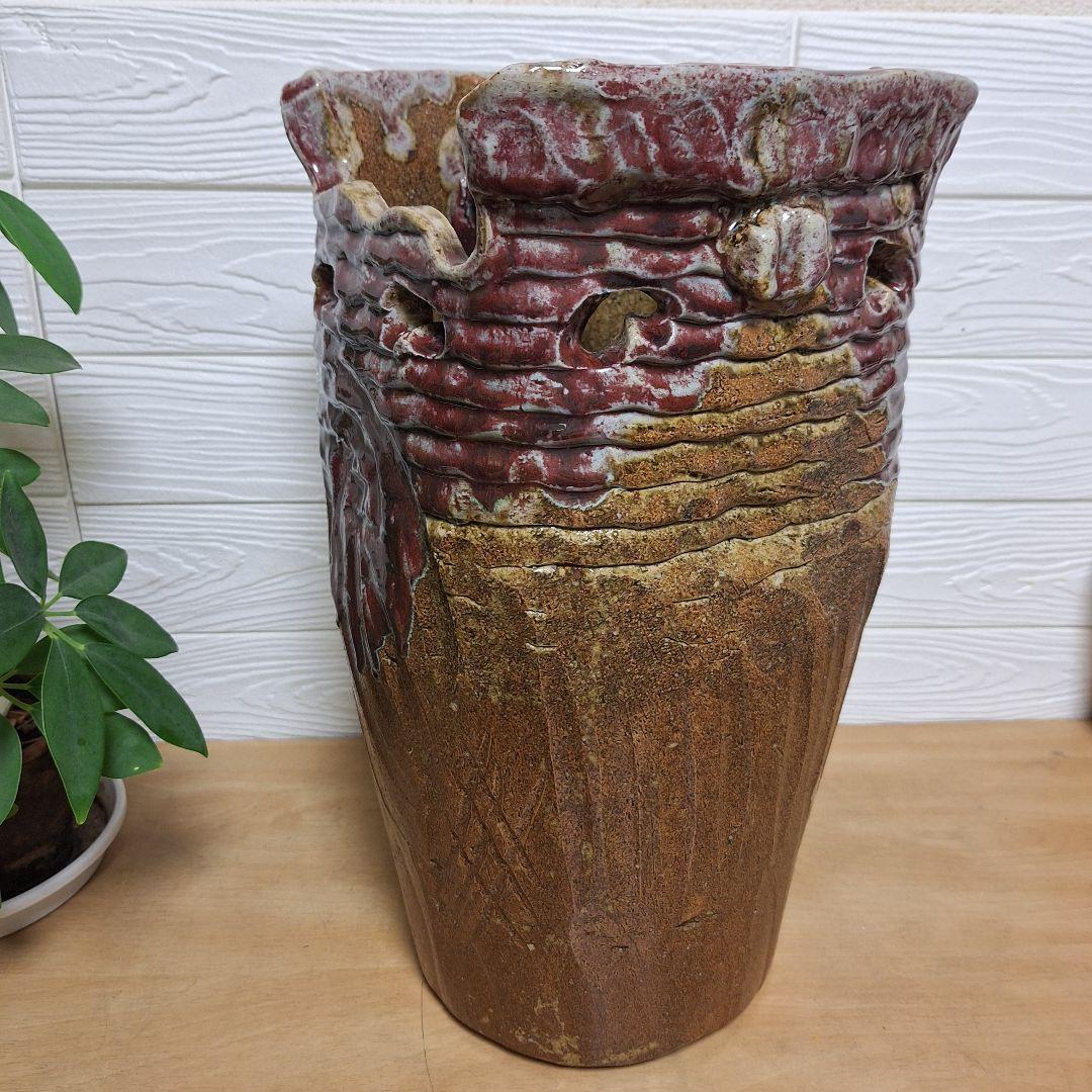 【一点物】手捻り 陶器 傘立て 43cm 辰砂 釉変 大型 玄関 什器 和モダン