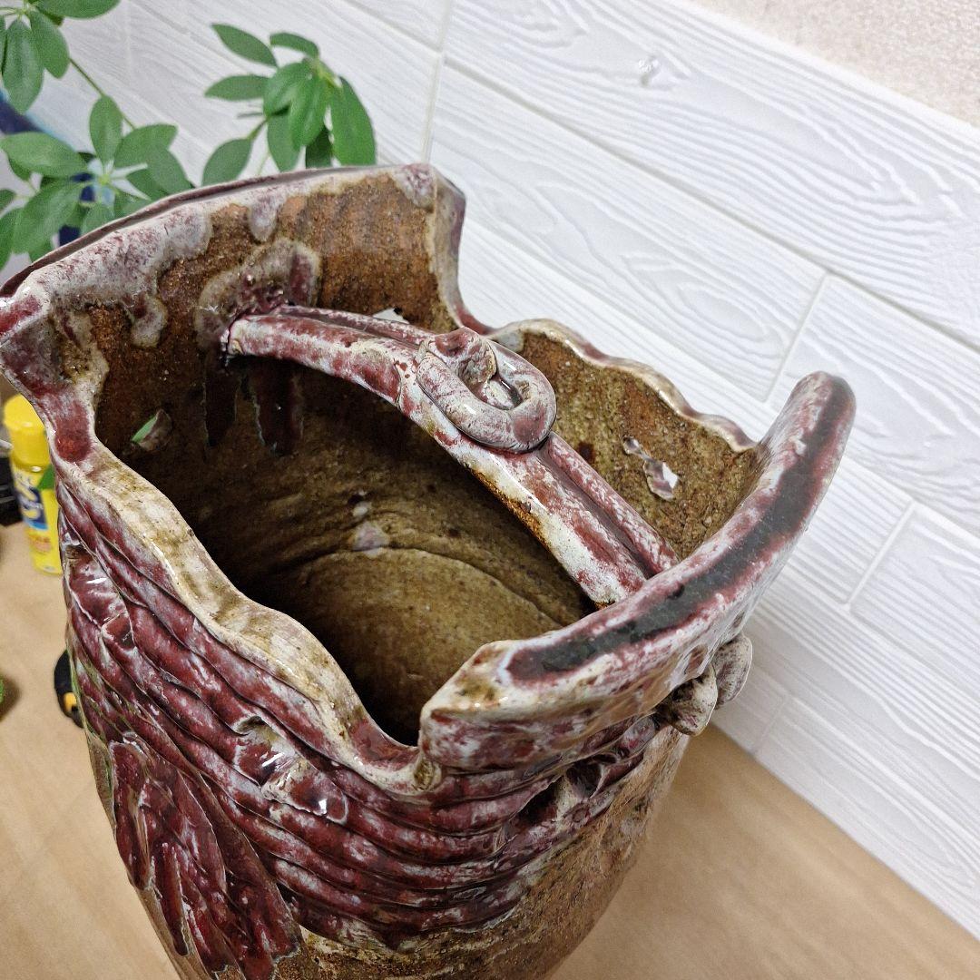 【一点物】手捻り 陶器 傘立て 43cm 辰砂 釉変 大型 玄関 什器 和モダン