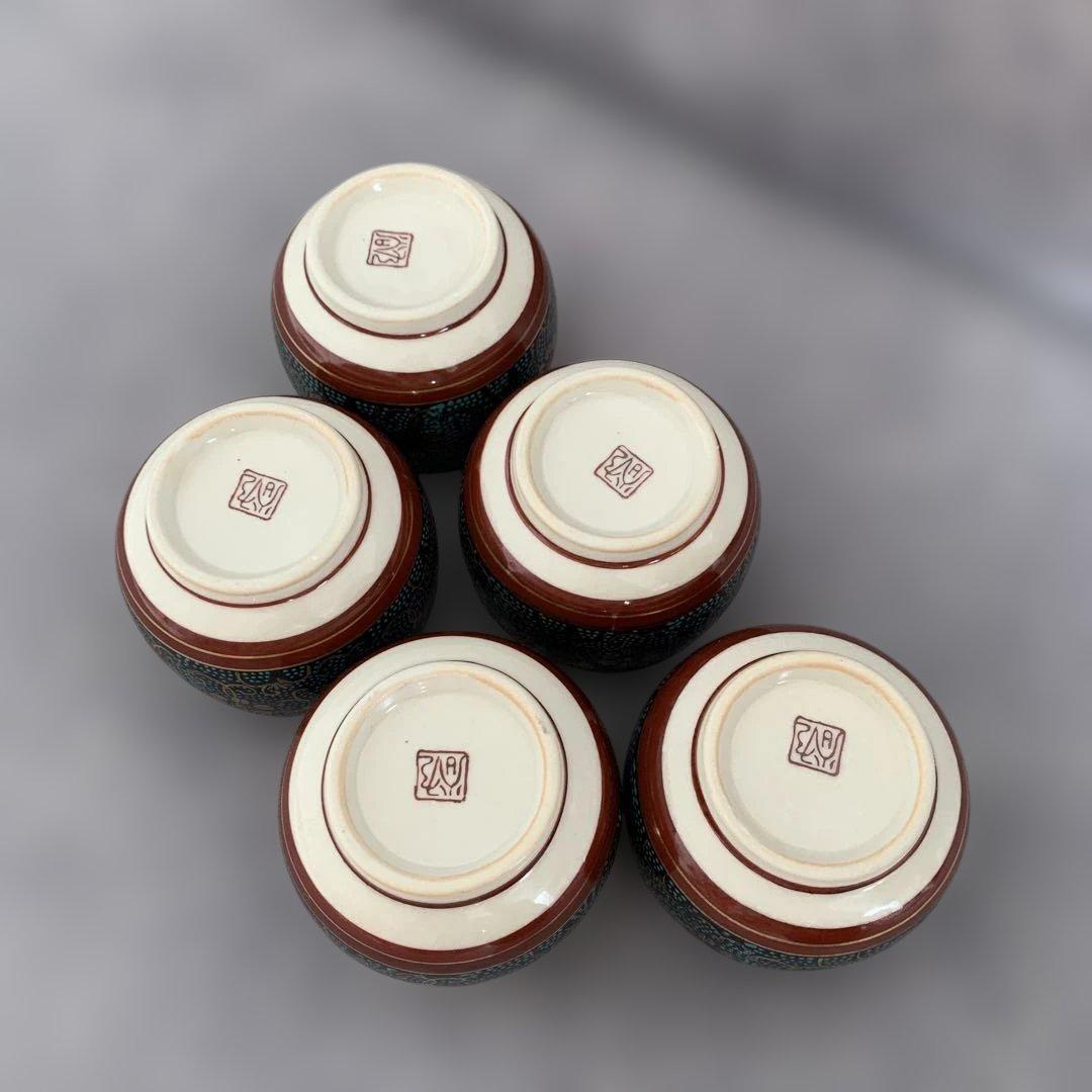 極美品✨九谷 本金青粒鉄仙　茶器揃　急須　湯呑み５客　青粒 金彩