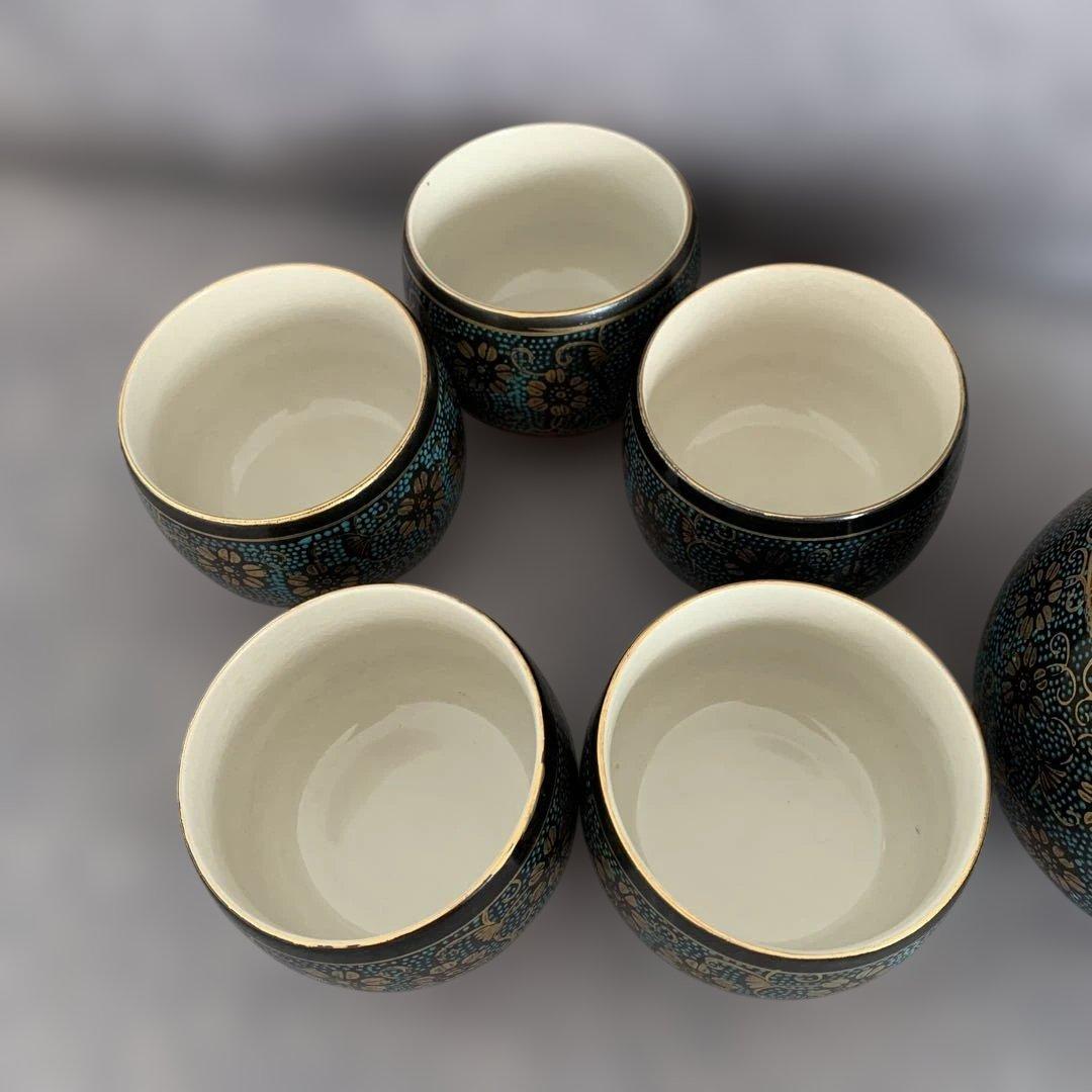 極美品✨九谷 本金青粒鉄仙　茶器揃　急須　湯呑み５客　青粒 金彩