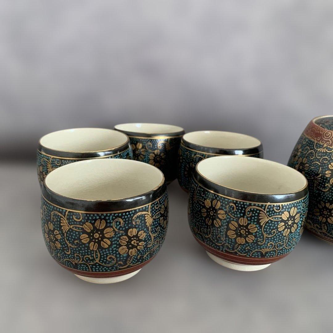 極美品✨九谷 本金青粒鉄仙　茶器揃　急須　湯呑み５客　青粒 金彩