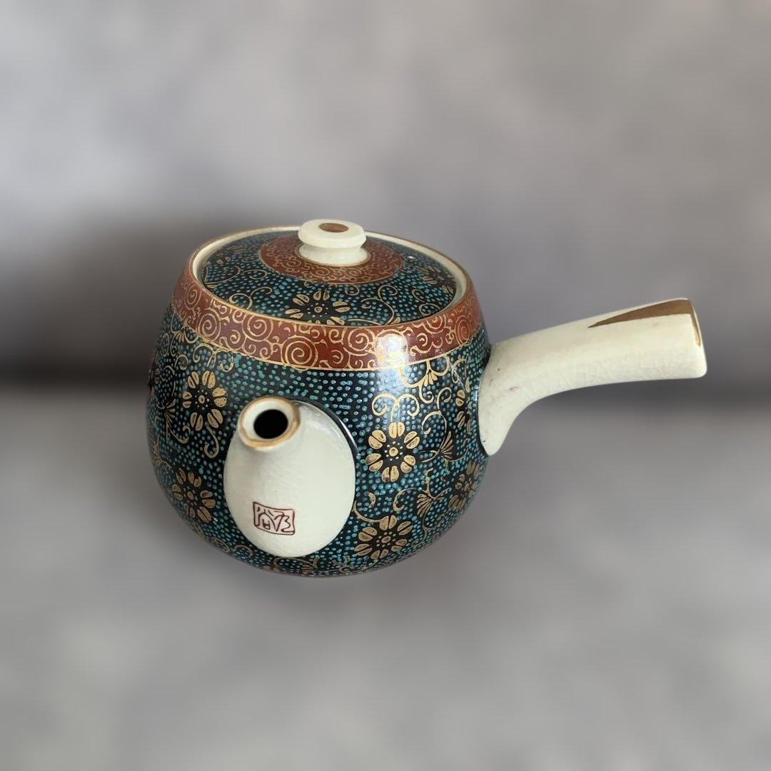 極美品✨九谷 本金青粒鉄仙　茶器揃　急須　湯呑み５客　青粒 金彩