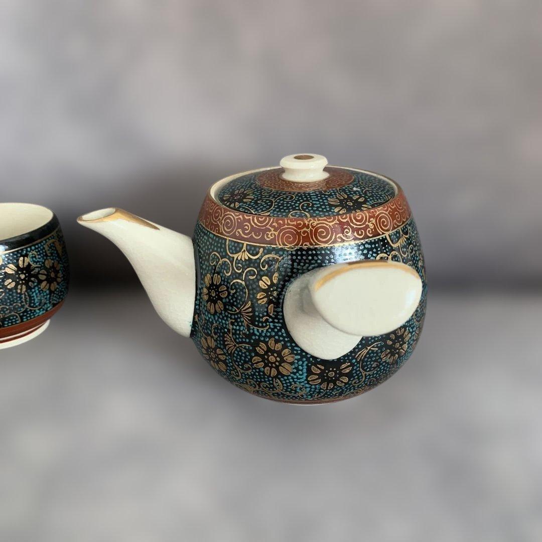極美品✨九谷 本金青粒鉄仙　茶器揃　急須　湯呑み５客　青粒 金彩