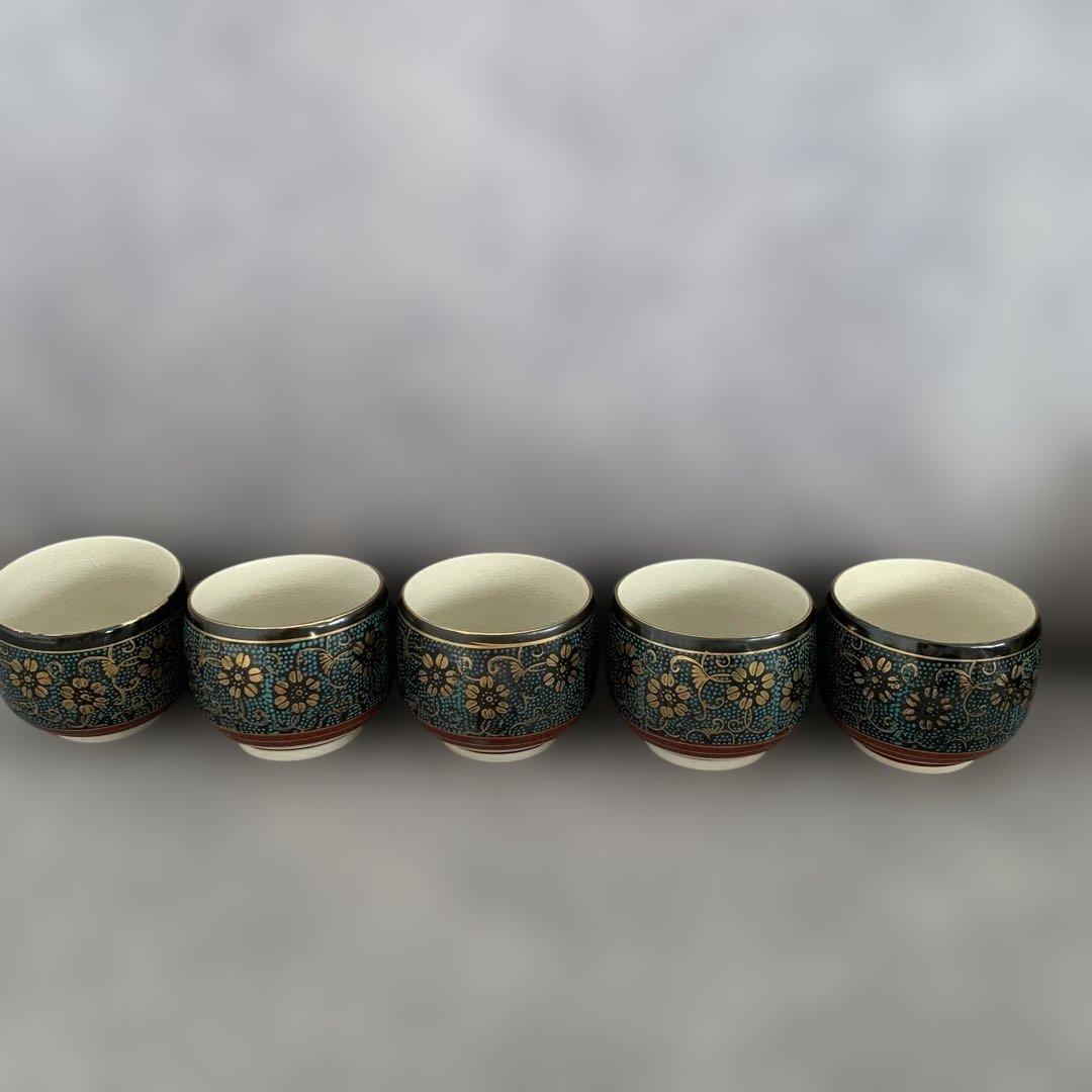 極美品✨九谷 本金青粒鉄仙　茶器揃　急須　湯呑み５客　青粒 金彩