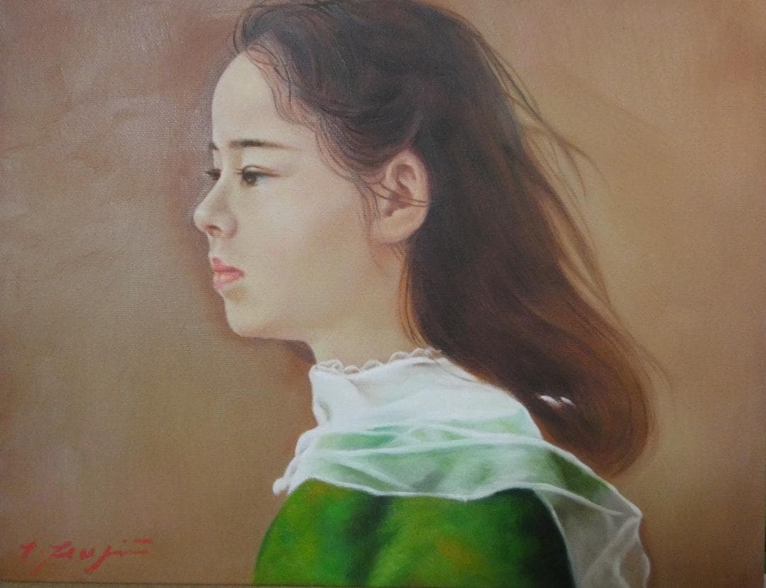 ドフラ絵画　油絵 人物 藤井勉「微風」 サイン 額装済み 肉筆手描き F6